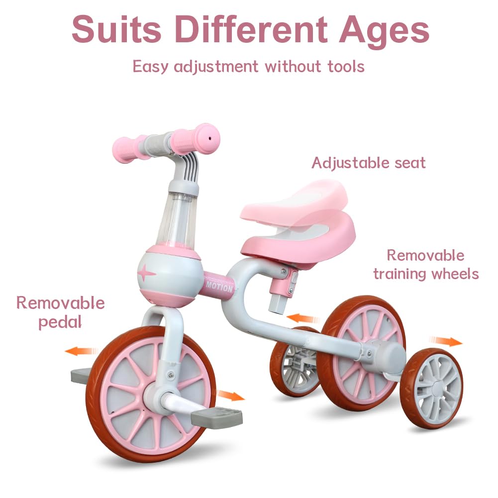 3 in 1 Toddler Bike with Adjustable Seat, Detachable Pedal and Training Wheels, Pink K1224