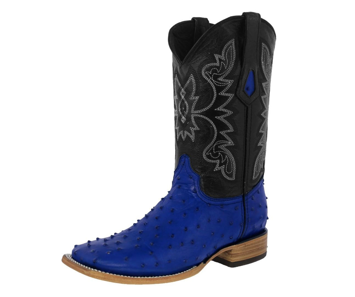 Blue Ostrich Quill Print Leather Square Toe Cowboy Boots Z39091
