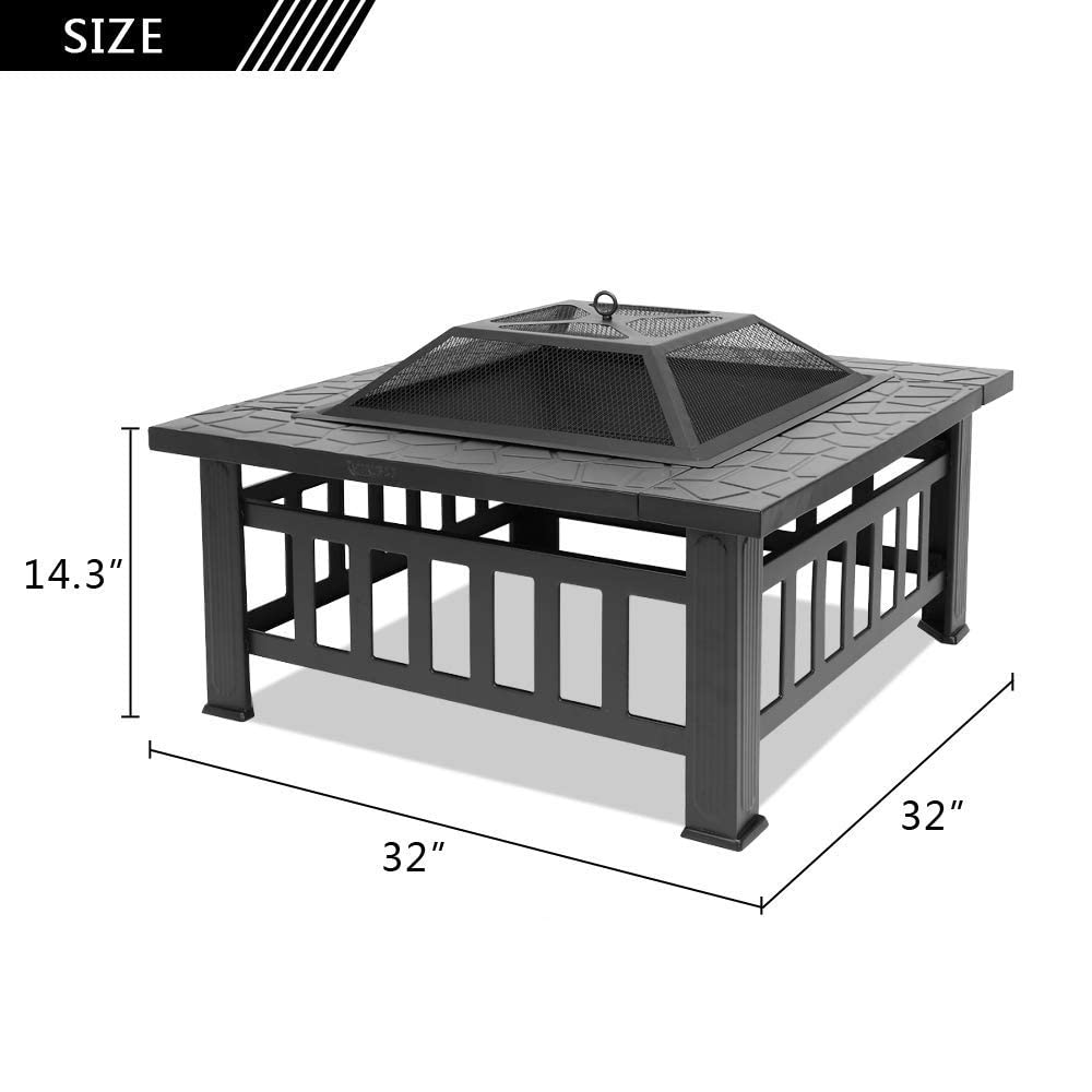 32" Square Metal Wood Burning Fire Pit with Poker and Mesh Lid D588