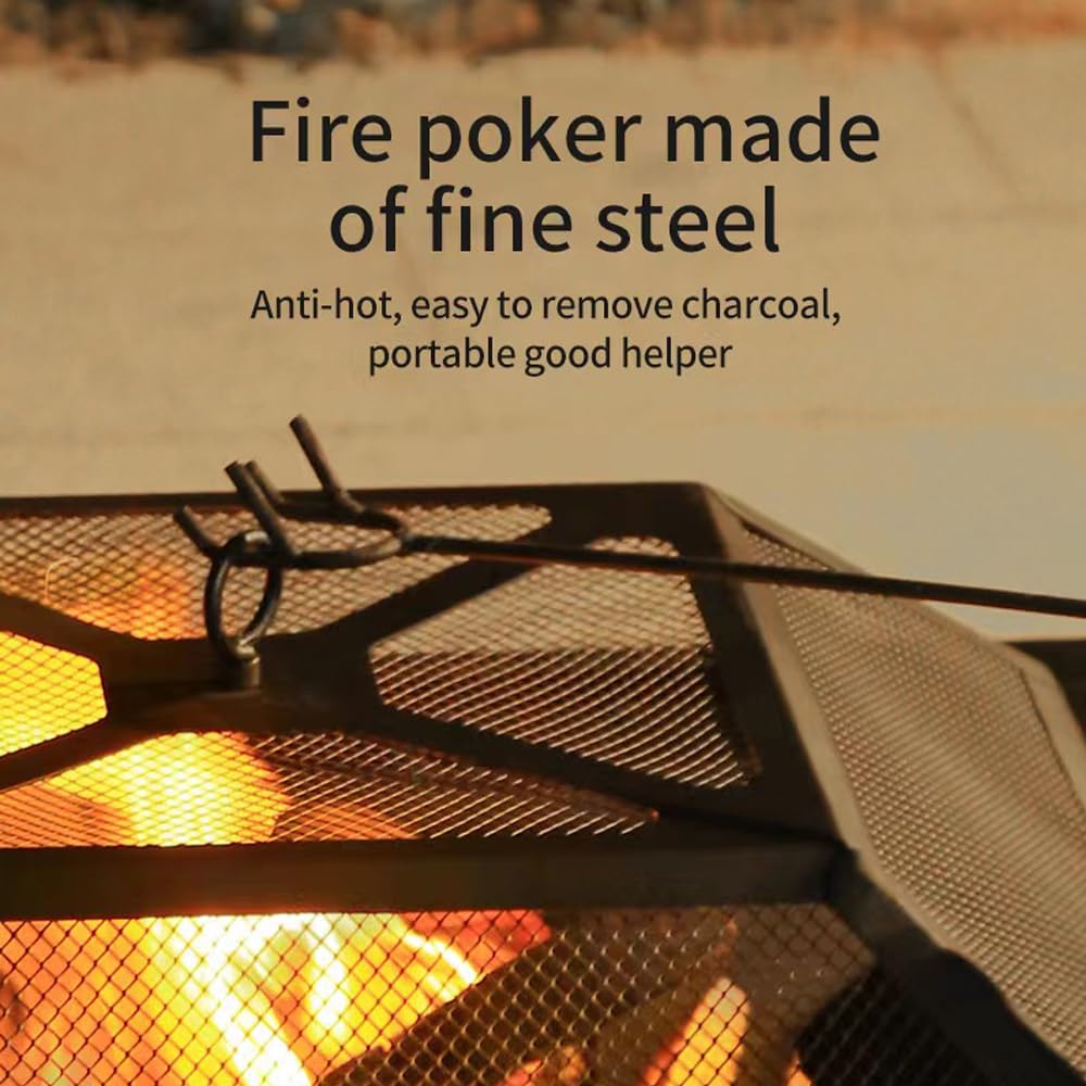 32 Inch Square Metal Wood Burning Fire Pit with Mesh Lid and Poker E3858
