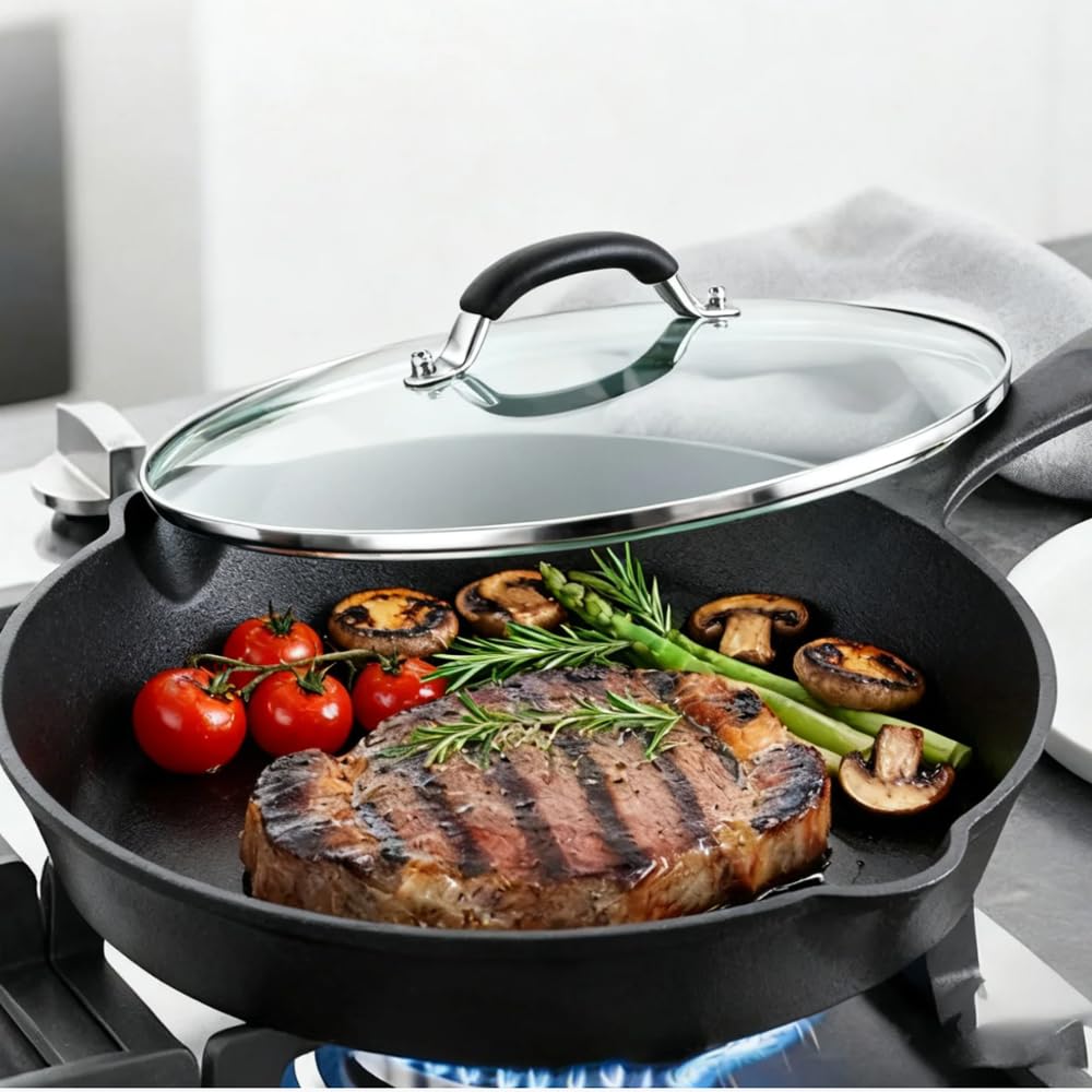 10.25 Inch Tempered Glass Lid with Stainless Steel Handle and Rim I654556