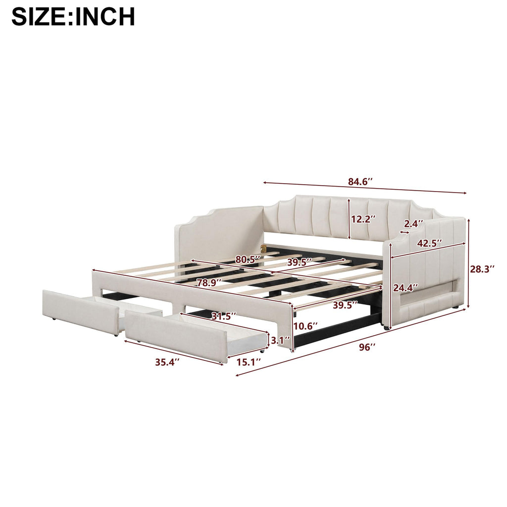 Twin XL to King Extendable Upholstered Daybed Frame with 2 Storage Drawers D1695