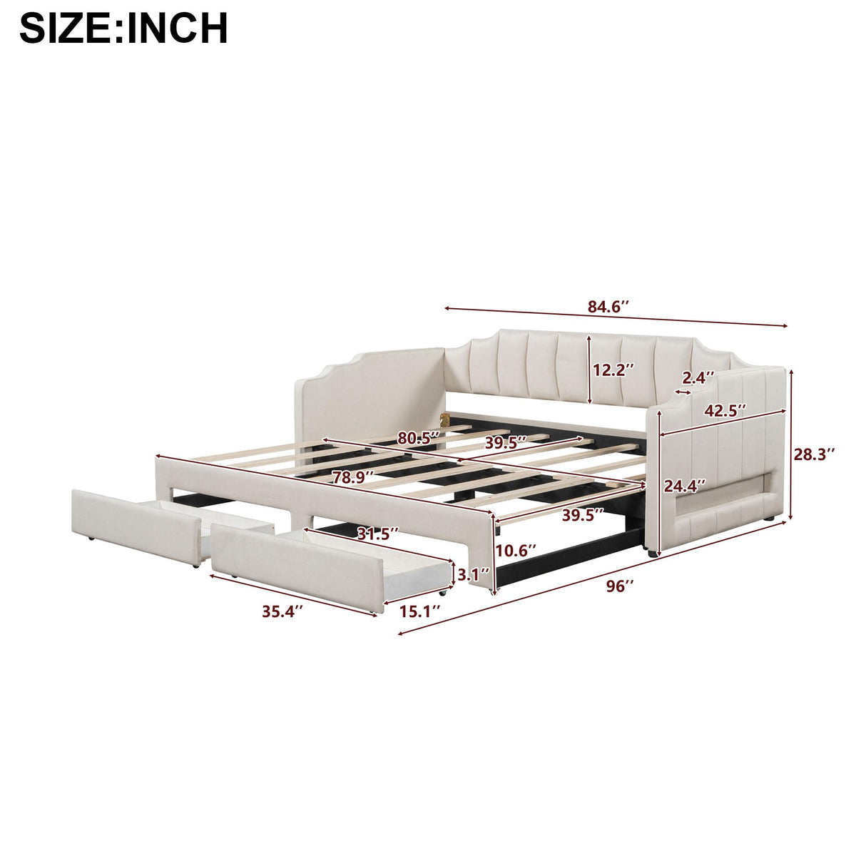 Twin XL to King Extendable Upholstered Daybed Frame with 2 Storage Drawers D1695