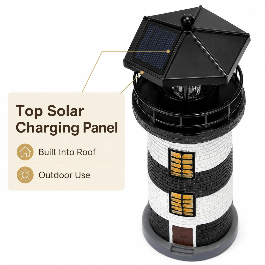 Solar Lighthouse Garden Light, Resin Outdoor Lighthouse Ornament with Rotating LED Beacon H6940