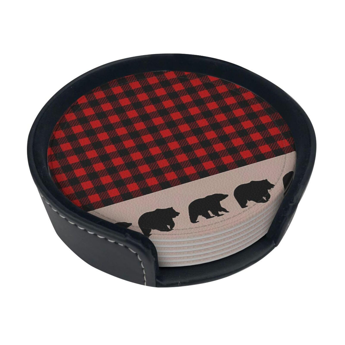6 Pcs Plaid Leather Coasters with Holder W151