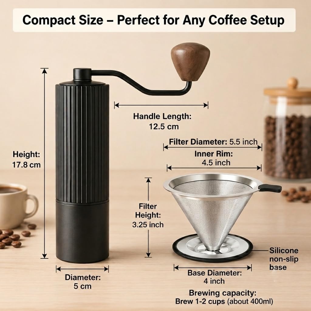 Manual Coffee Grinder with Strainer & Brush, Adjustable Stainless Steel Burr, 30g Hand Crank Coffee Mill, Aluminum Body & Walnut Handle L59520