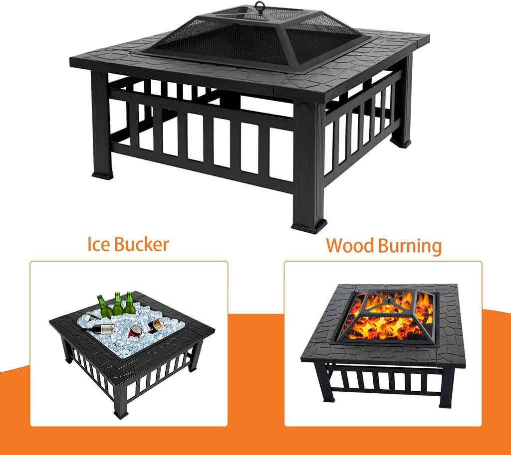 32 Inch Square Metal Wood Burning Fire Pit with Mesh Lid and Poker E3858