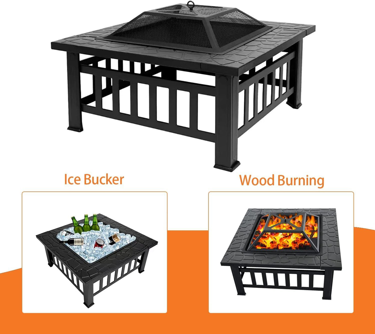 32 Inch Square Metal Wood Burning Fire Pit with Mesh Lid and Poker E3858