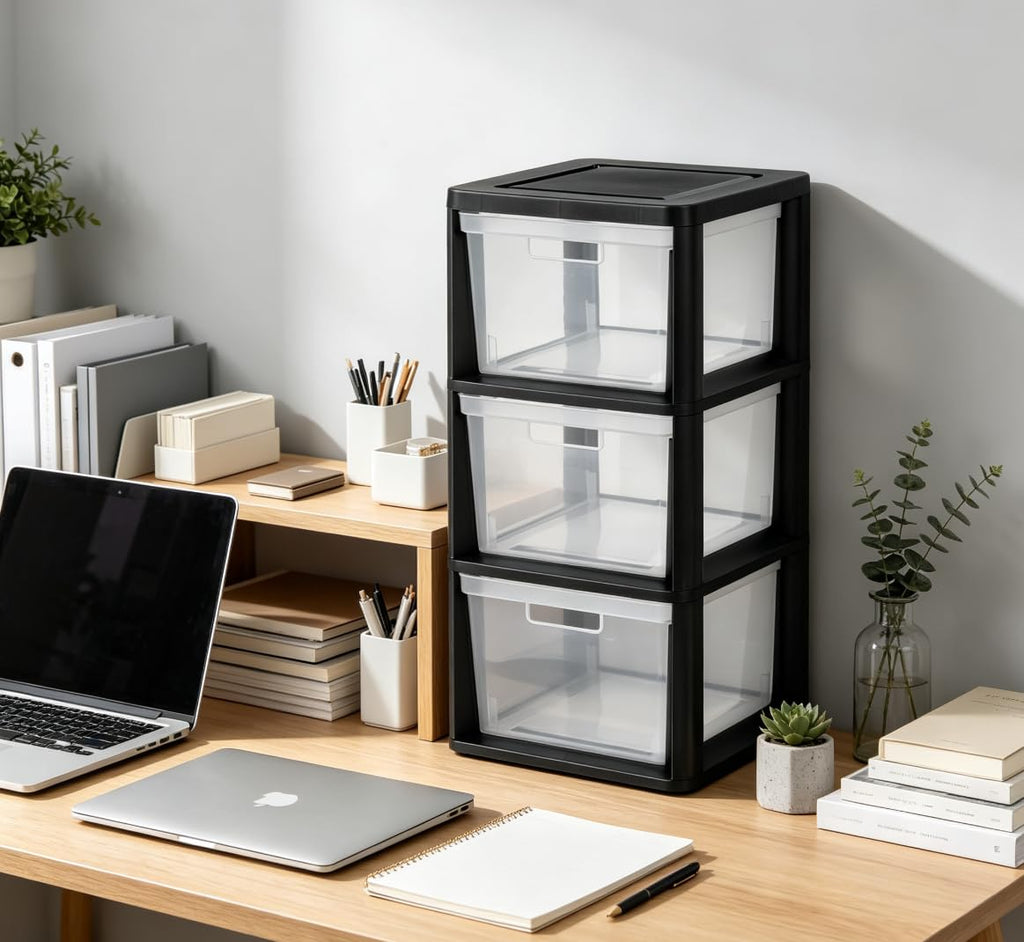 Black 3 Drawer Plastic Storage Tower with Clear Bins X470