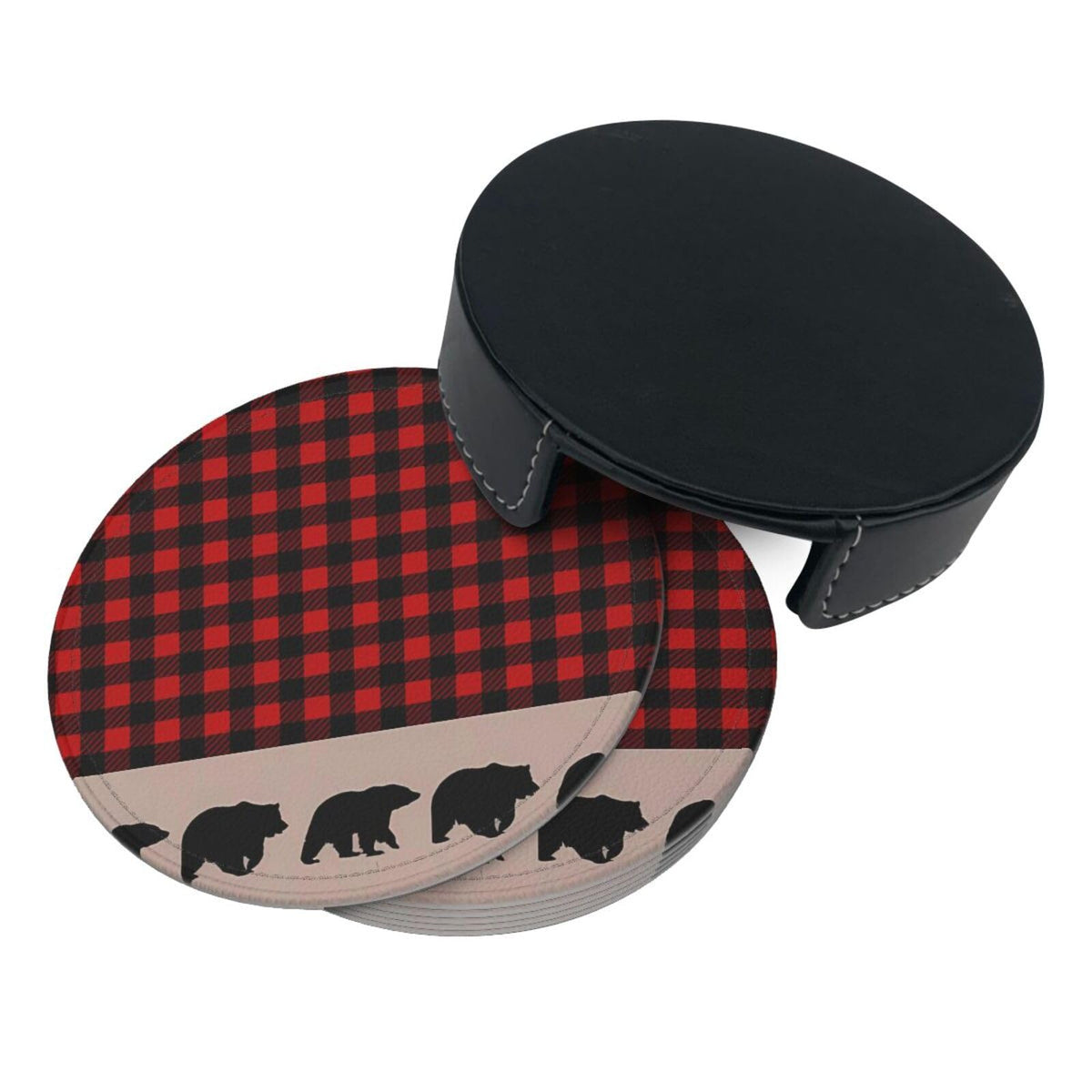 6 Pcs Plaid Leather Coasters with Holder W151