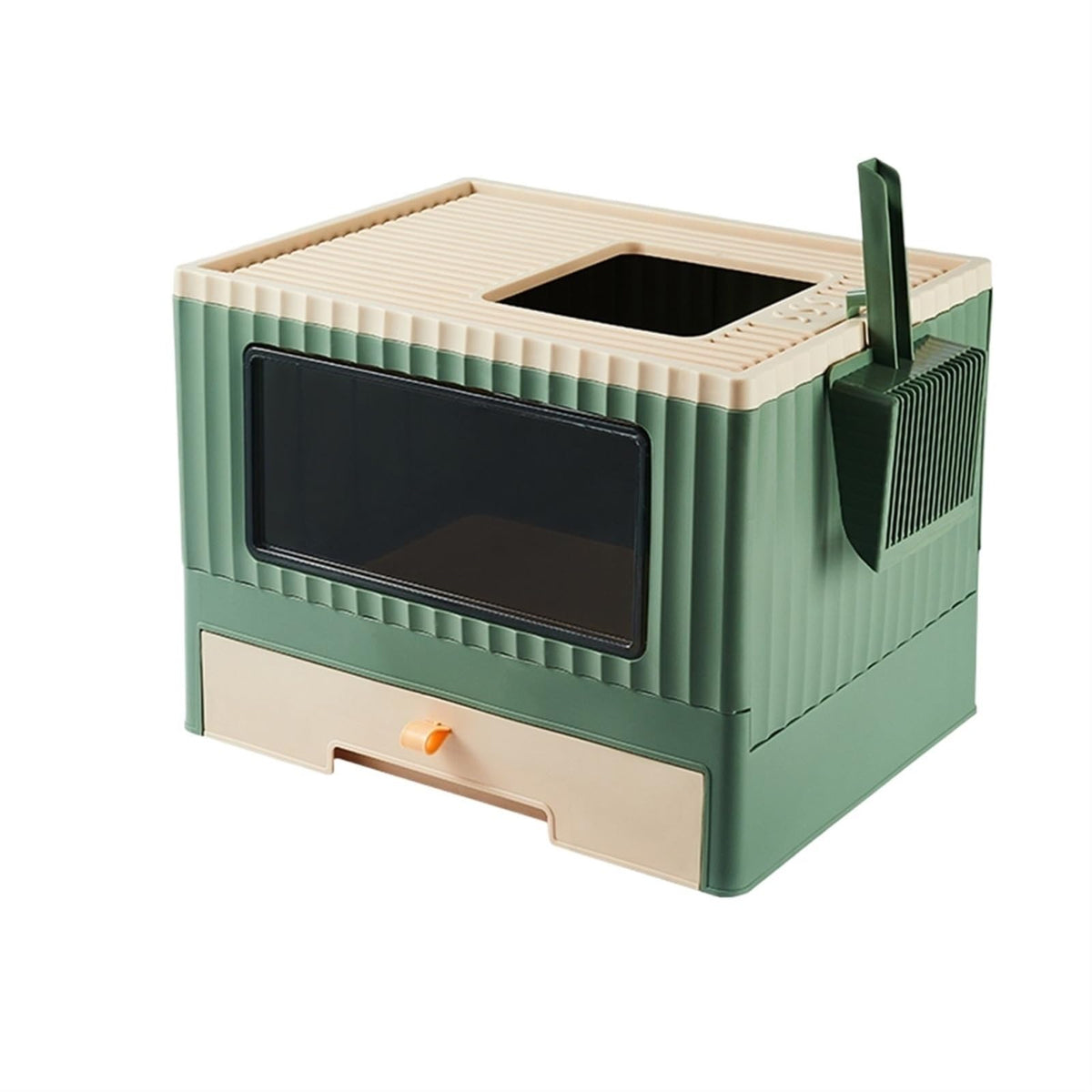 Top Entry Cat Litter Box with Lid Foldable Drawer Type Green A529923