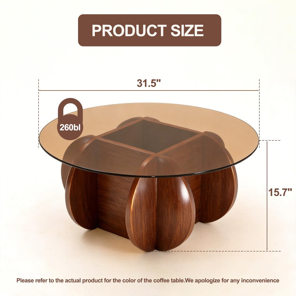 Round Glass Coffee Table with Solid Wood Legs B303540