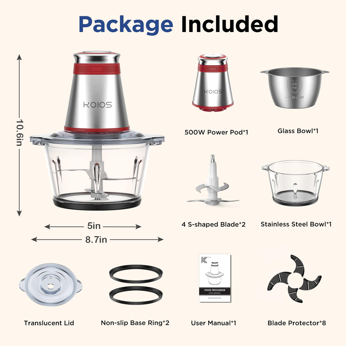 500W Electric Food Processor with 2 Bowls B700911