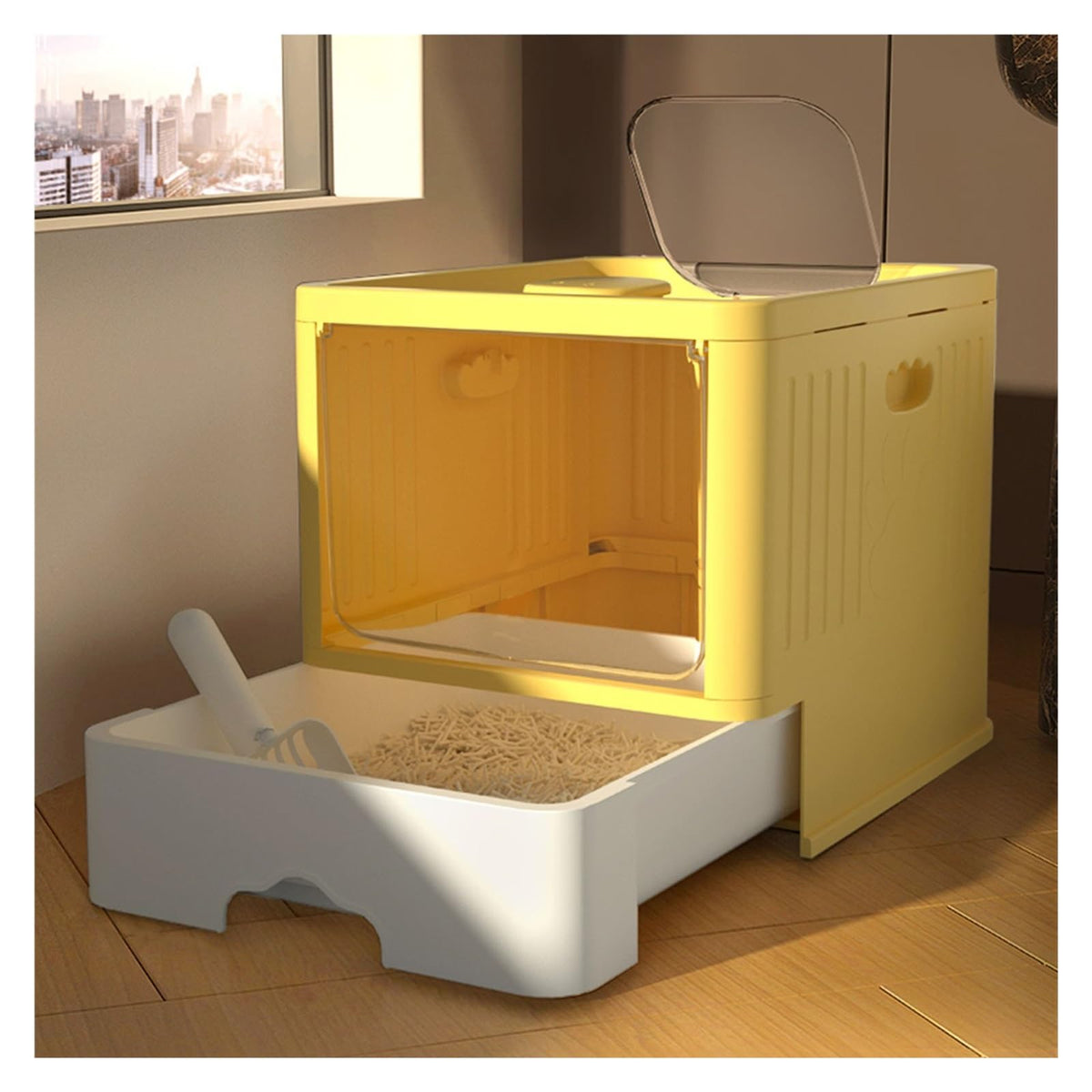 Cat Litter Box with Scoop, Large Top Entry Anti-Splashing with Lid, Enclosed Plastic, Drawer Type X933