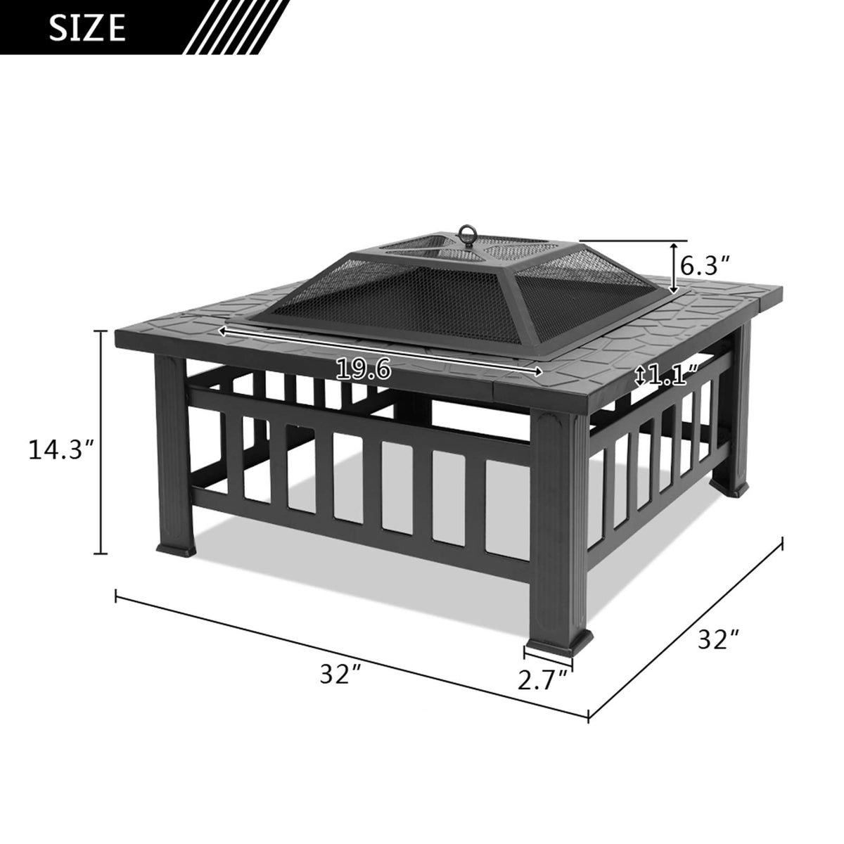 32 Inch Square Metal Wood Burning Fire Pit with Mesh Lid and Poker E3858
