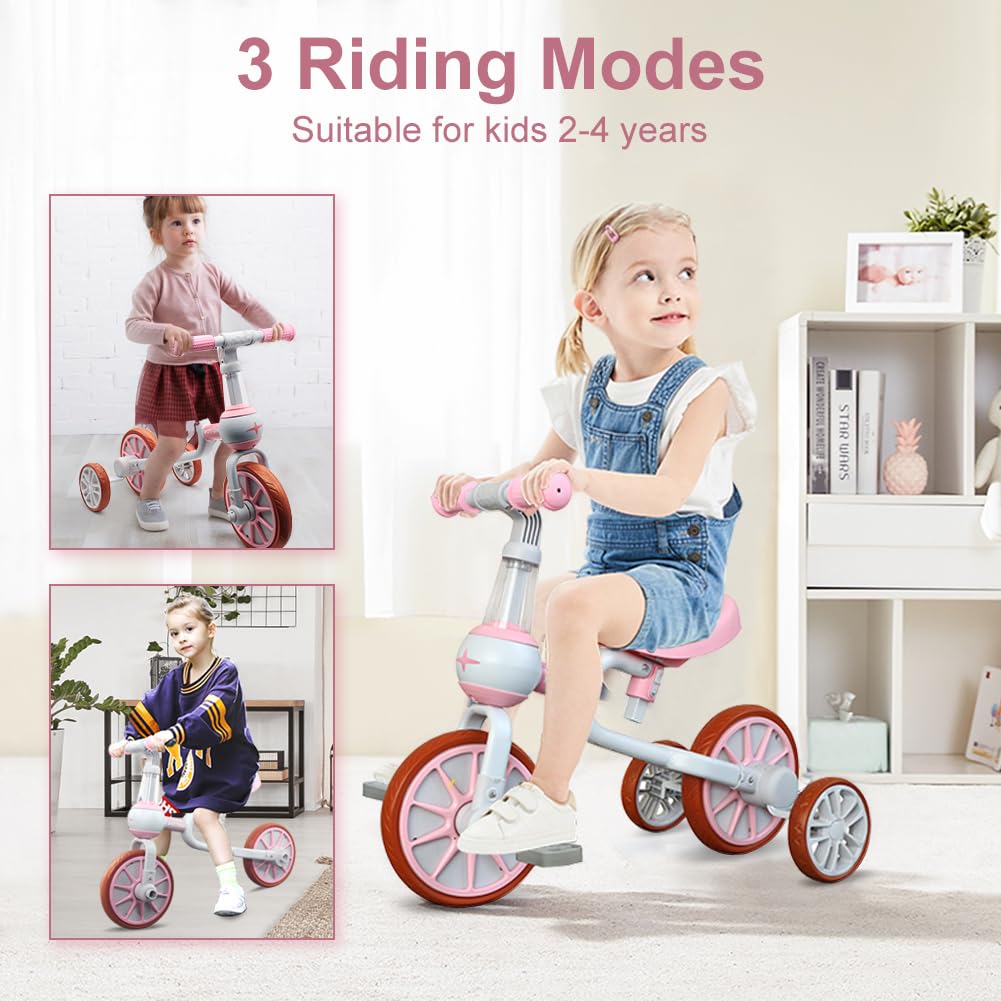 3 in 1 Toddler Bike with Adjustable Seat, Detachable Pedal and Training Wheels, Pink K1224