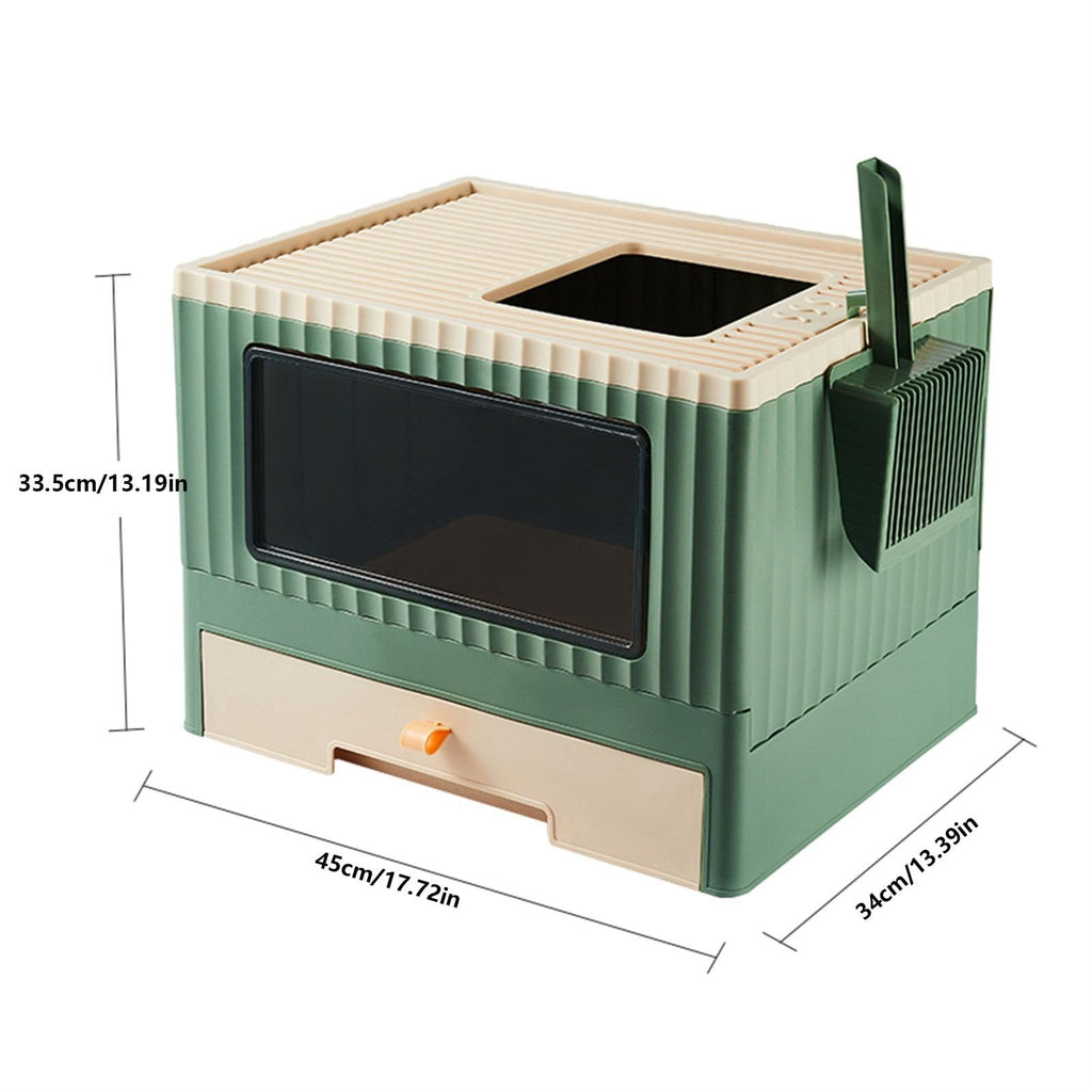 Top Entry Cat Litter Box with Lid Foldable Drawer Type Green A529923