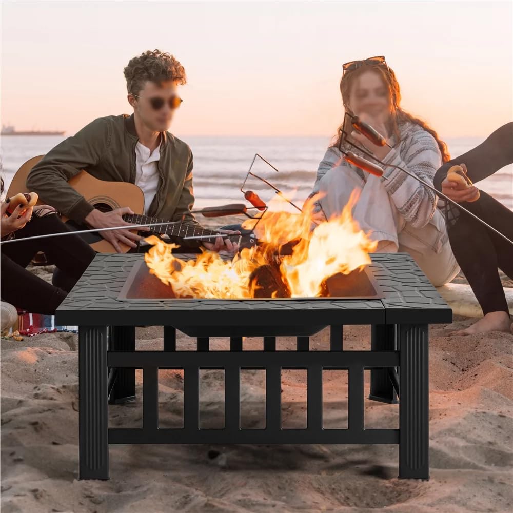 32 Inch Square Metal Wood Burning Fire Pit with Mesh Lid and Poker E3858