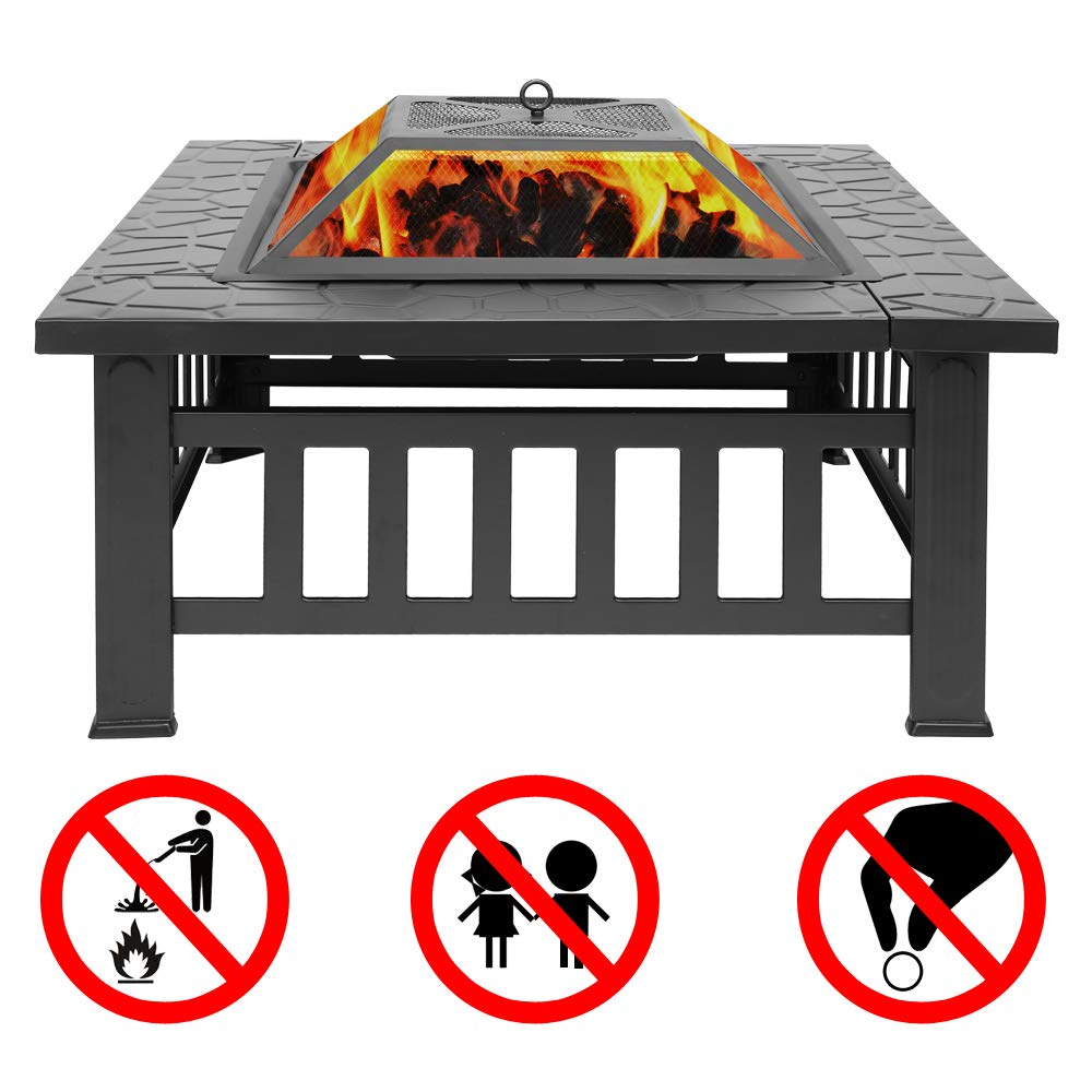 32" Square Metal Wood Burning Fire Pit with Poker and Mesh Lid D588