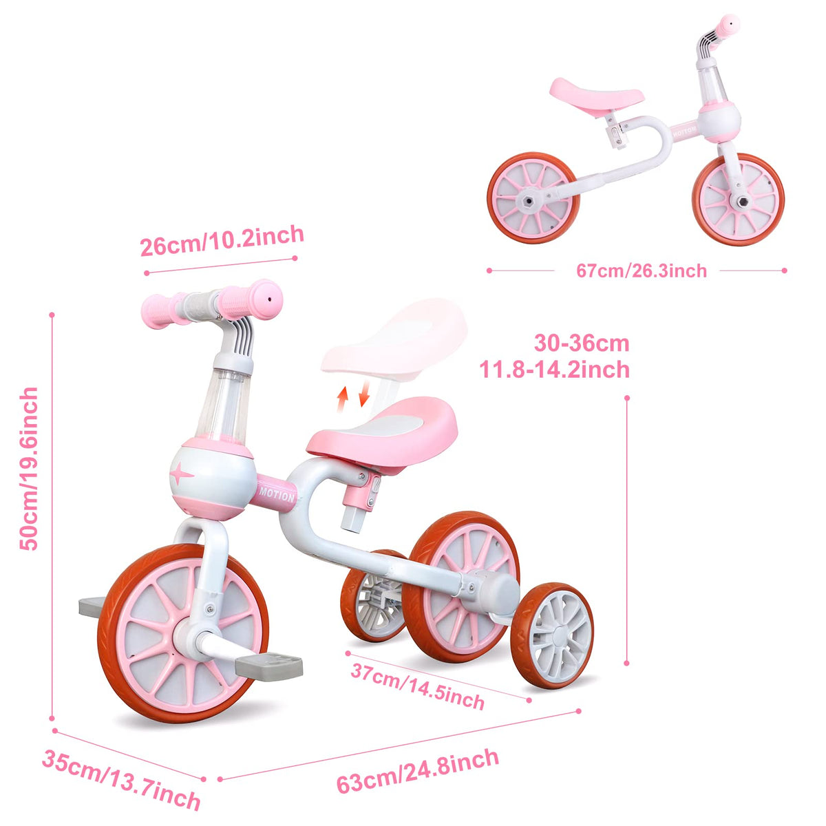 3 in 1 Toddler Bike with Adjustable Seat, Detachable Pedal and Training Wheels, Pink K1224