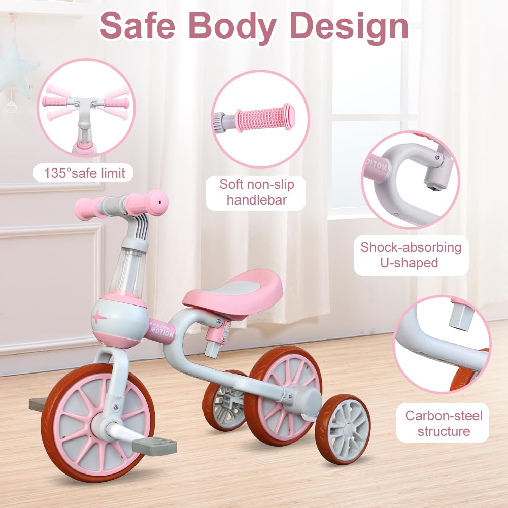 3 in 1 Toddler Bike with Adjustable Seat, Detachable Pedal and Training Wheels, Pink K1224