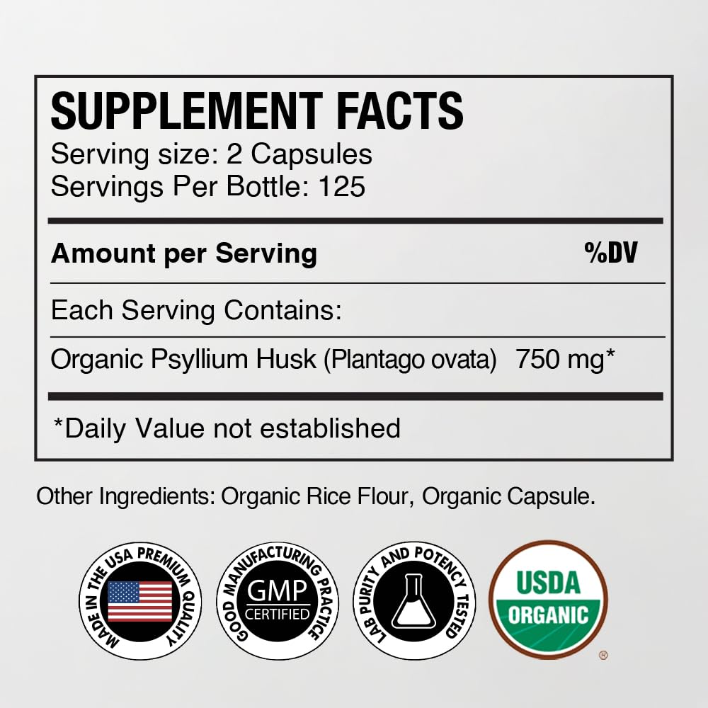 Organic Psyllium Husk Capsules 750 mg Fiber Supplement 250 Capsules Pack of 2 I293