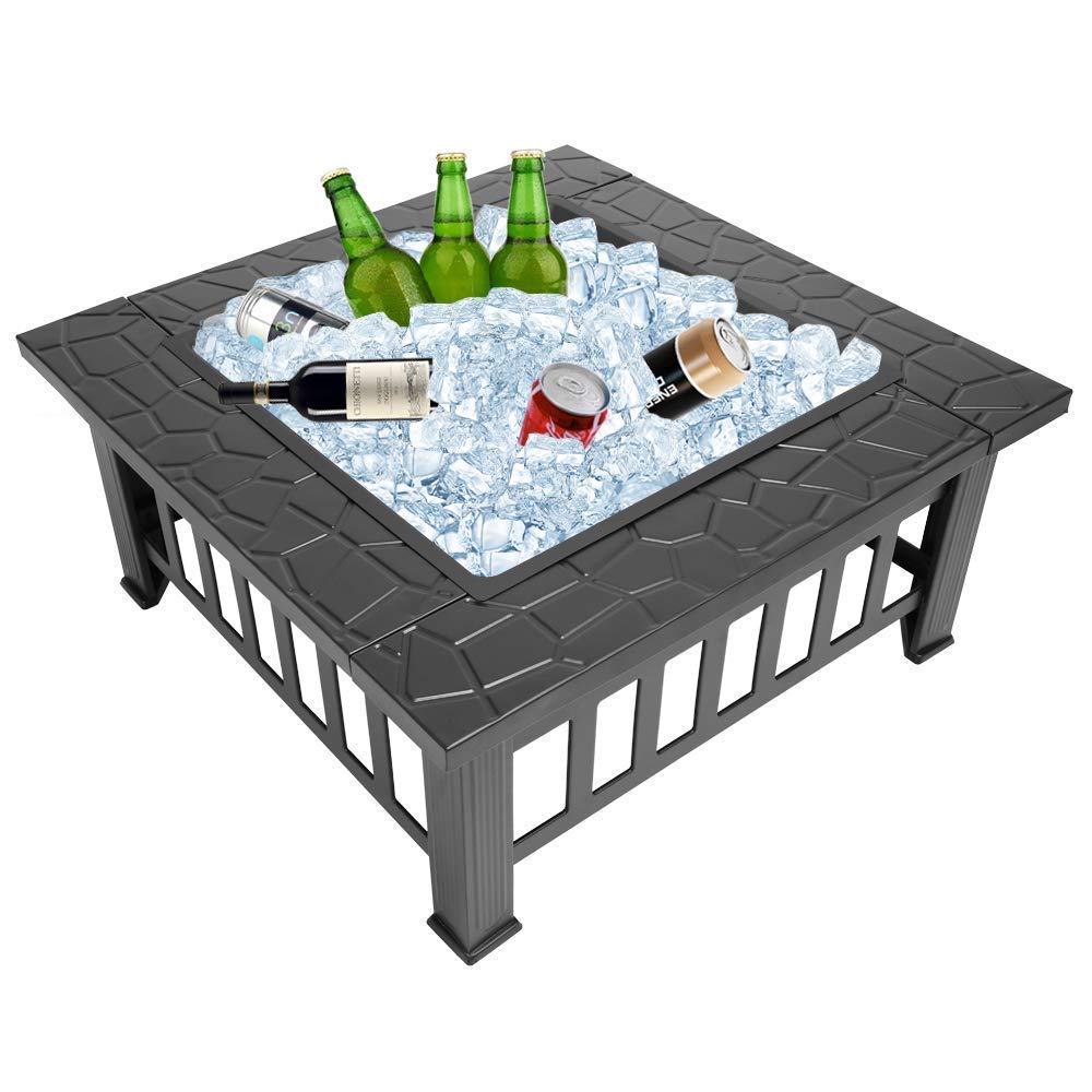 32" Square Metal Wood Burning Fire Pit with Poker and Mesh Lid D588
