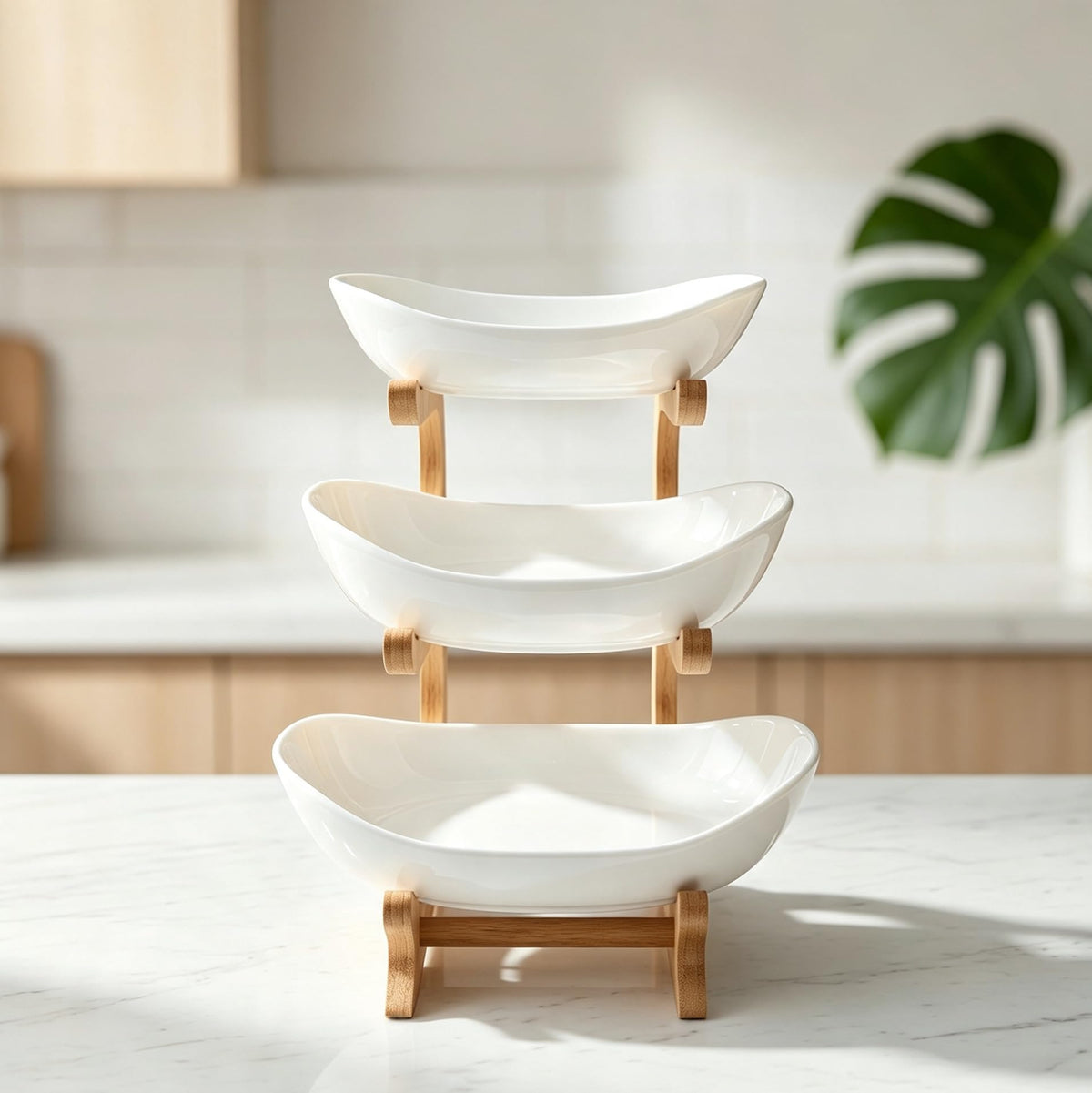 3-Tier Ceramic Fruit Bowl with Bamboo Stand X23587