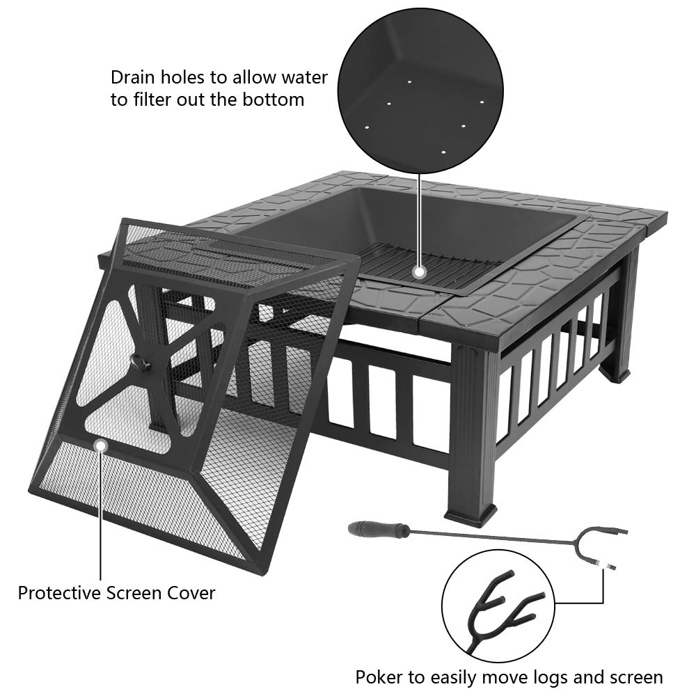 32" Square Metal Wood Burning Fire Pit with Poker and Mesh Lid D588