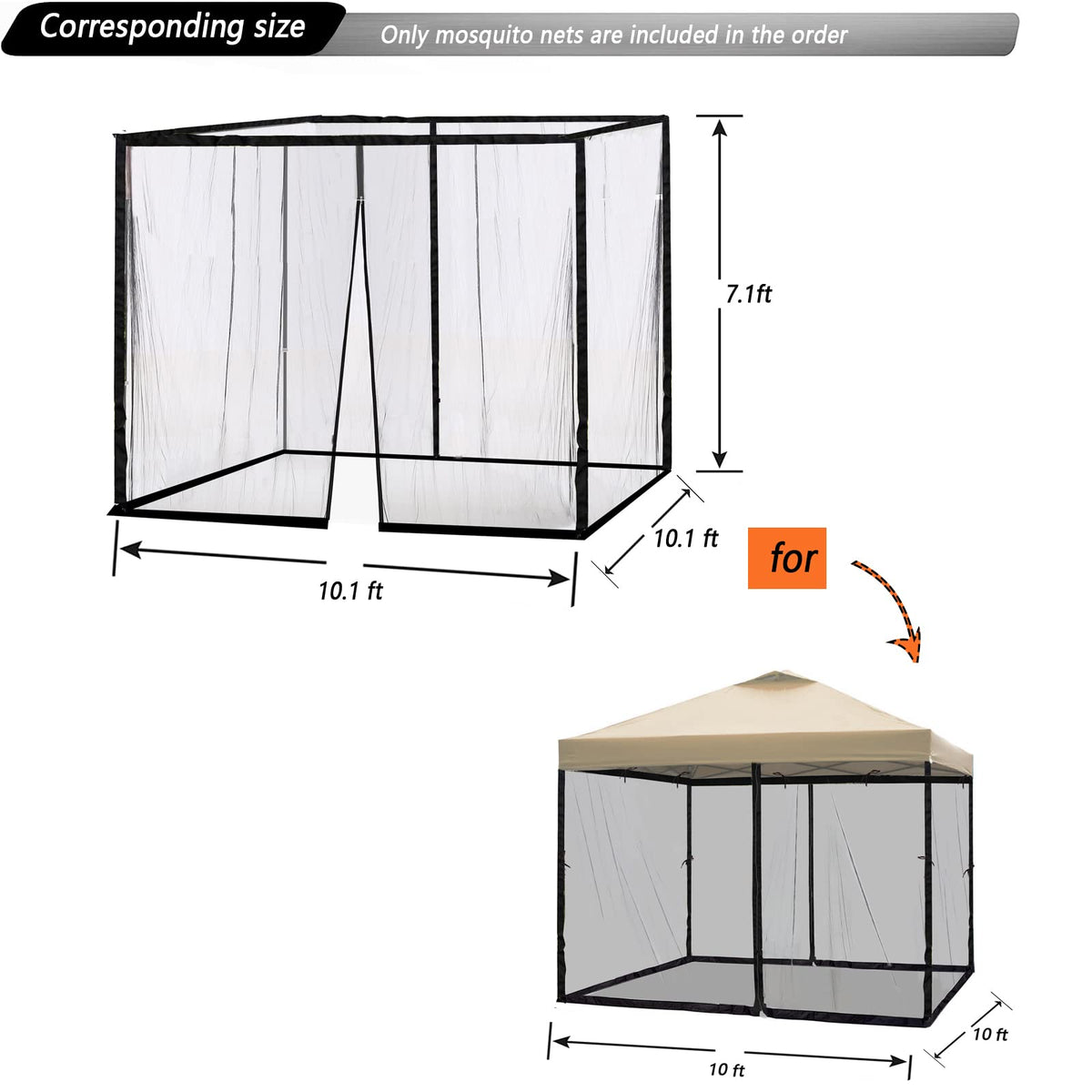 10x10 Black Replacement Mosquito Netting Sidewall Screen with Zipper C5489