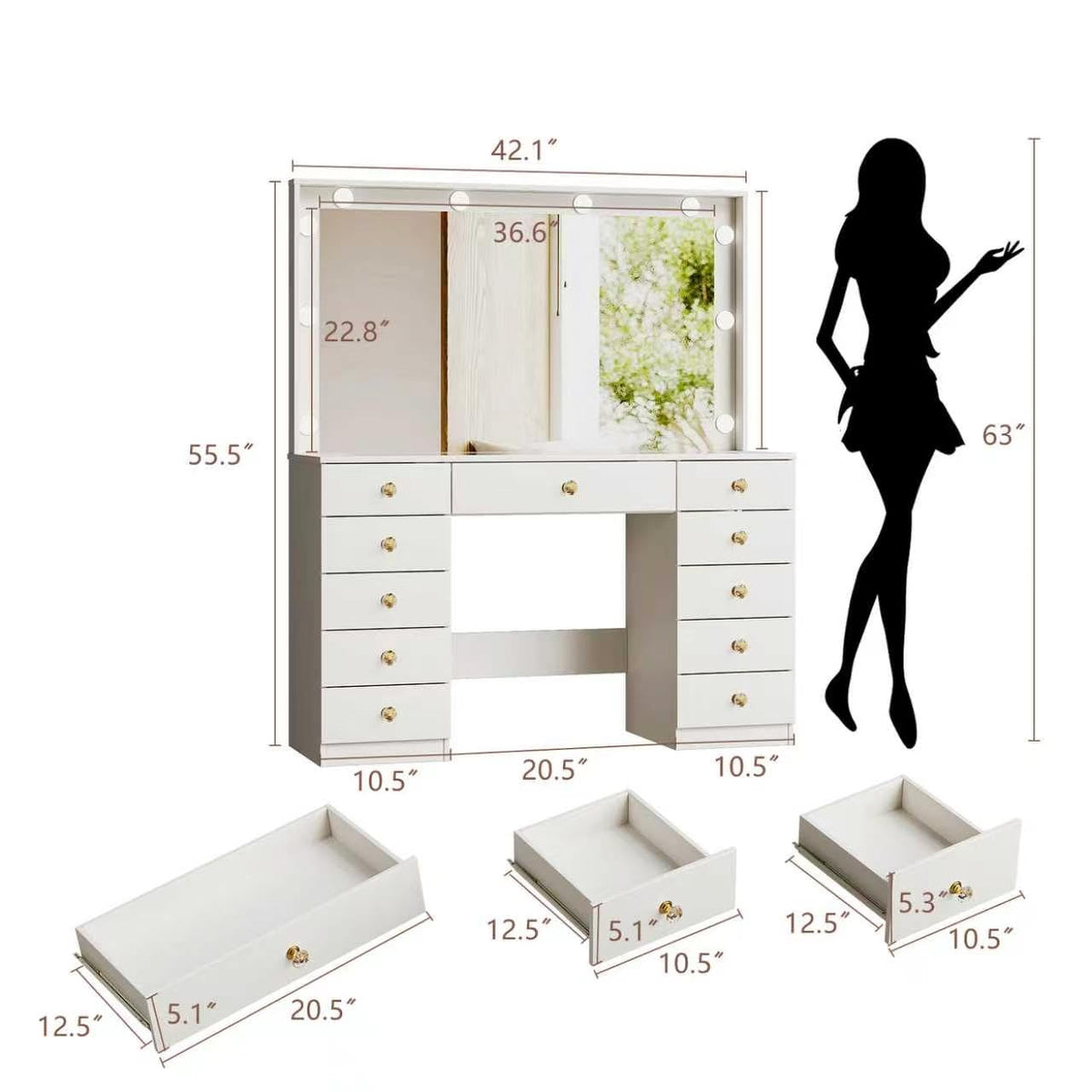 White Vanity Desk with Mirror and 10 LED Lights Y454916