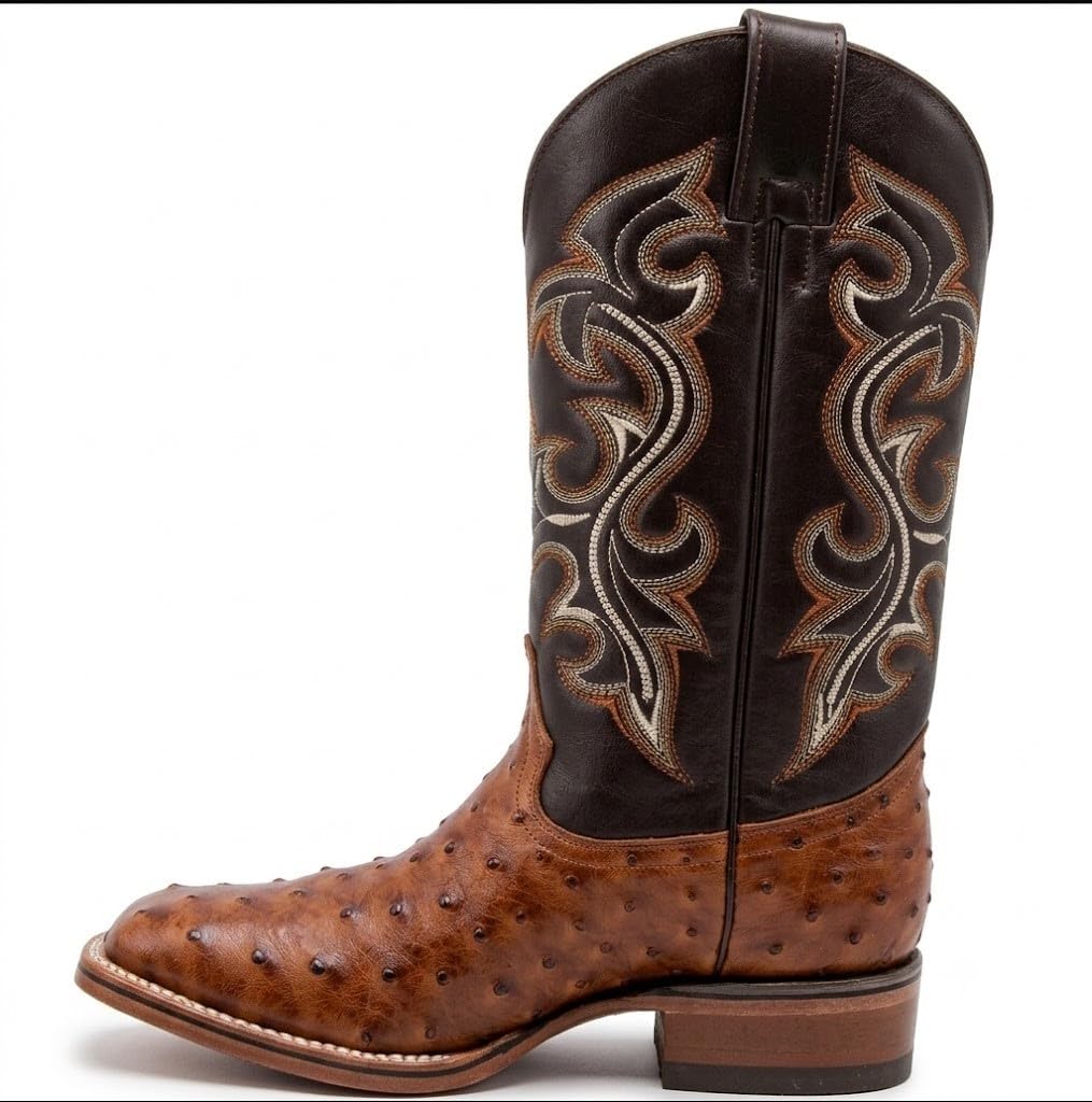 Genuine Cowhide Leather Ostrich Print Square Toe Western Boots R455524