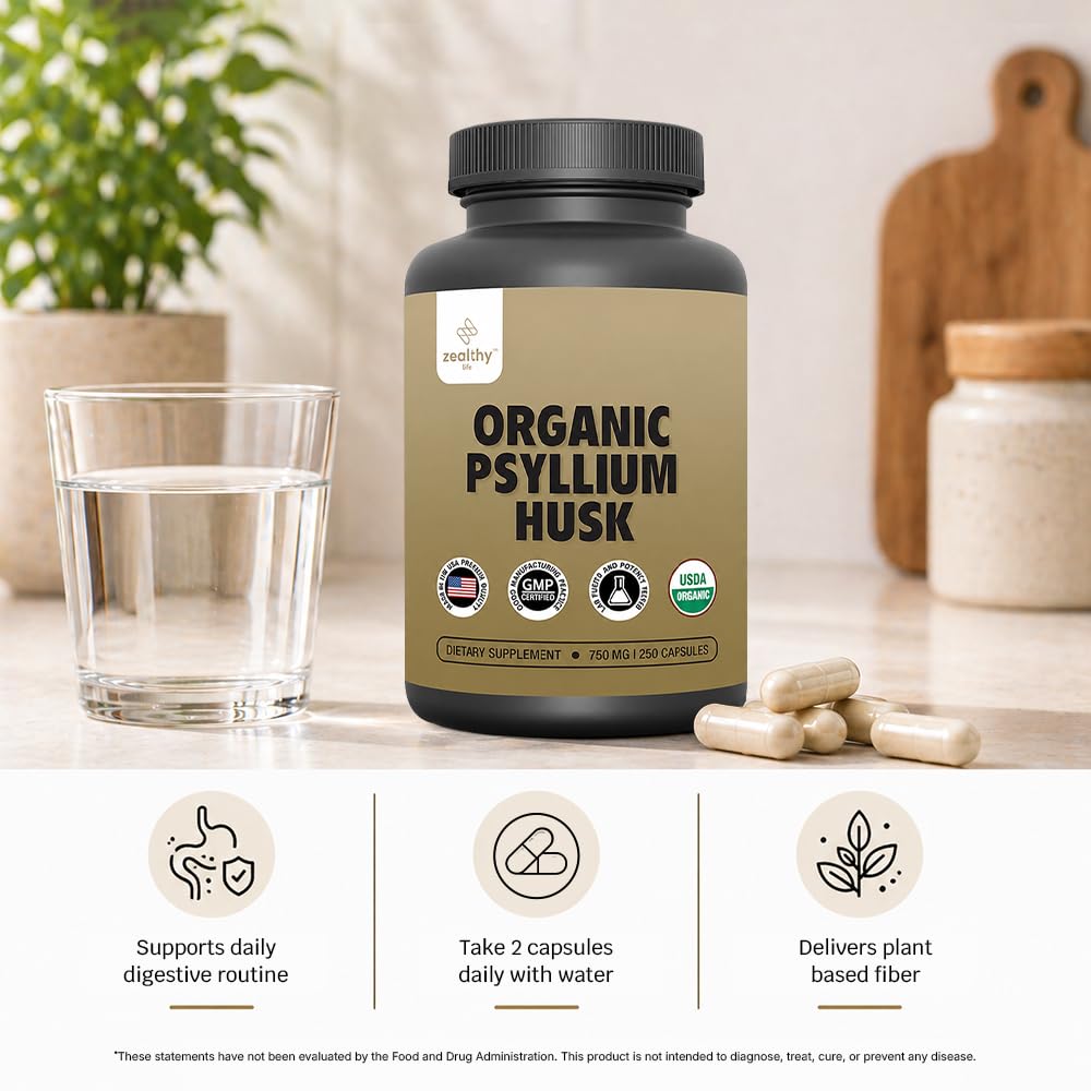 Organic Psyllium Husk Capsules 750 mg Fiber Supplement 250 Capsules Pack of 2 I293