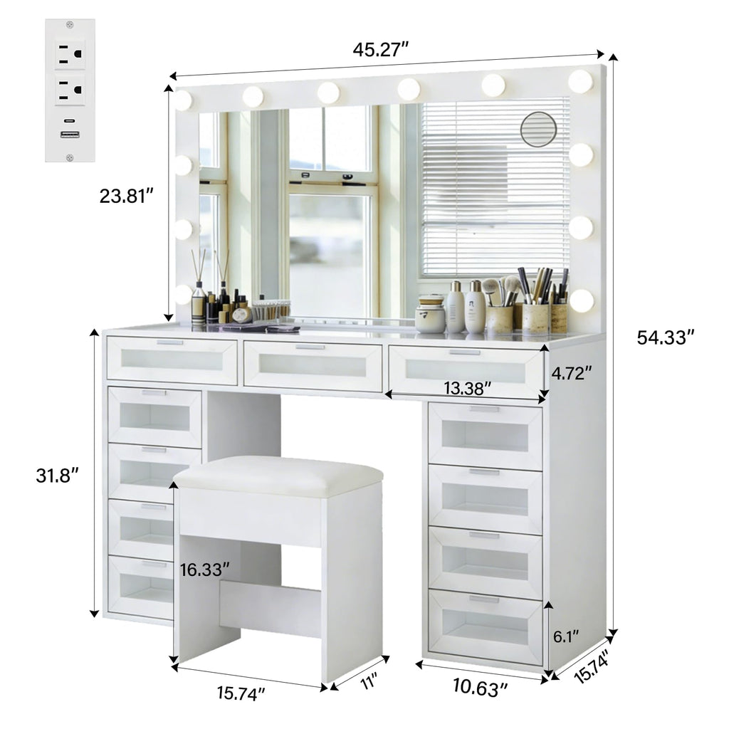 White Vanity Desk with Illuminated Mirror and Power Outlet D981