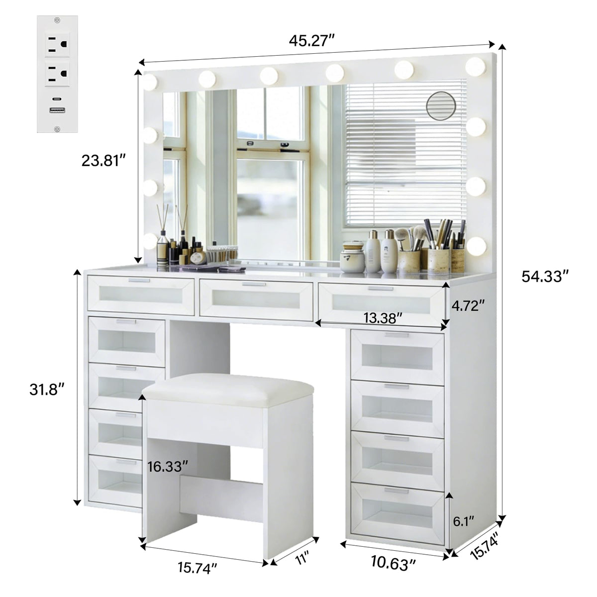 White Vanity Desk with Illuminated Mirror and Power Outlet D981