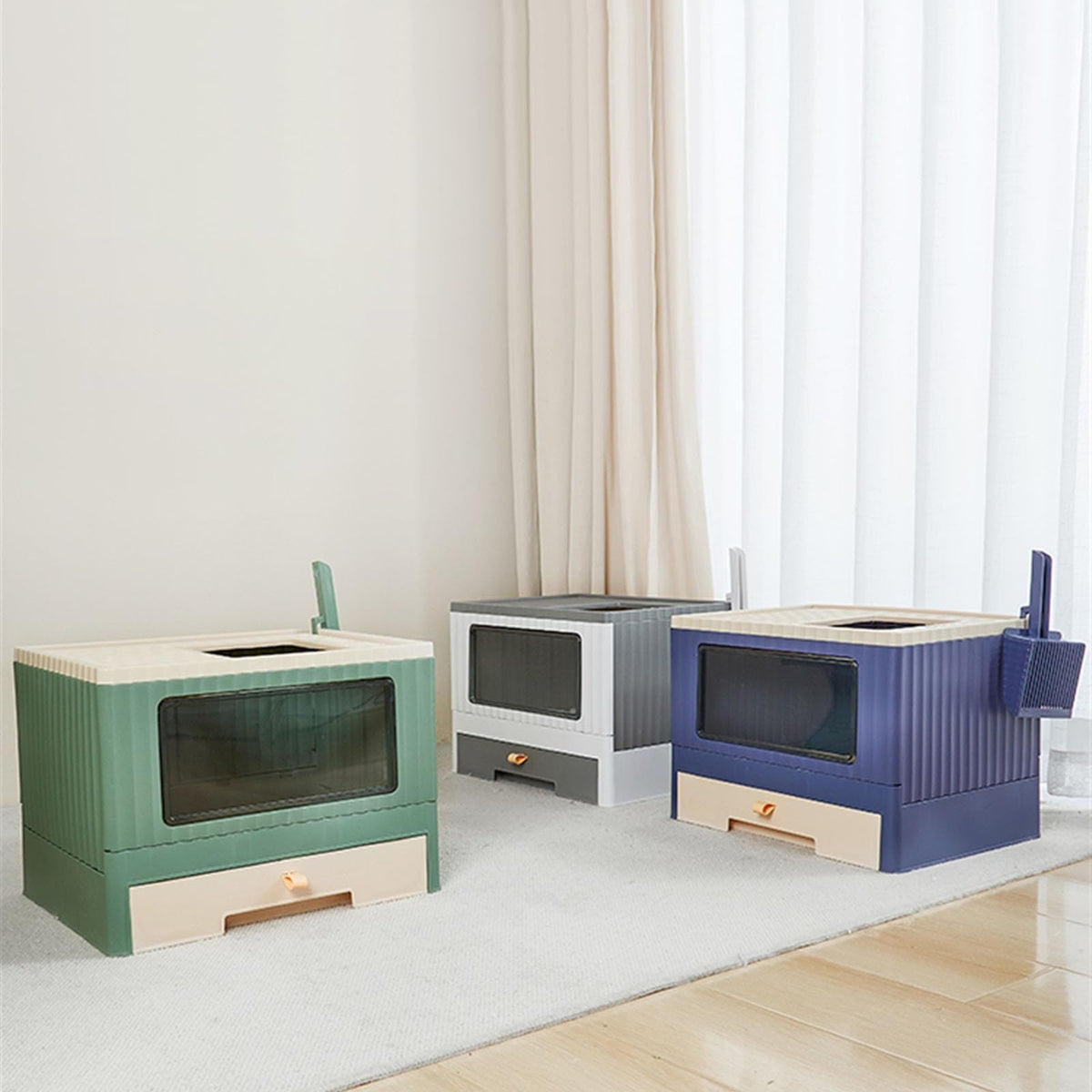 Top Entry Cat Litter Box with Lid Foldable Drawer Type Green A529923