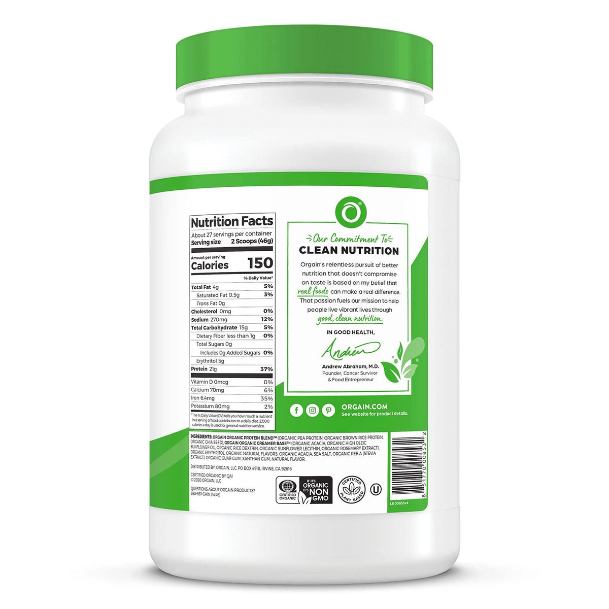 Organic Plant Based Protein Powder Vanilla Bean 2.74 lb O279761