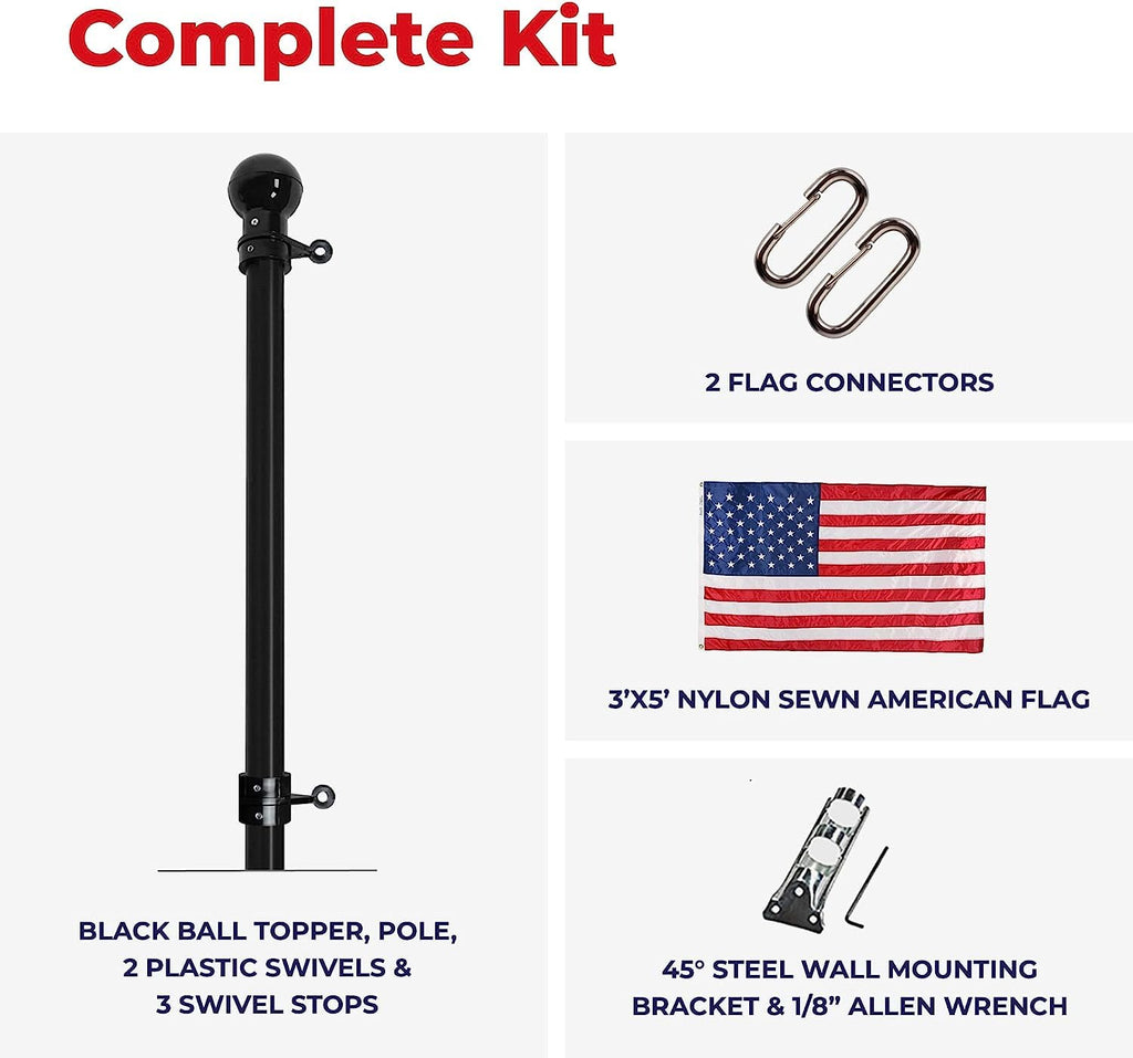 6' Black Aluminum Flagpole with American Flag and Mounting Bracket J63060