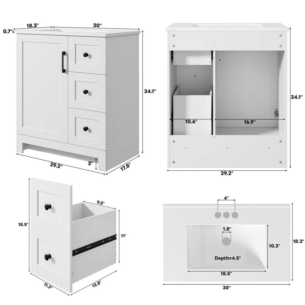 30" White Bathroom Vanity with Sink J1904