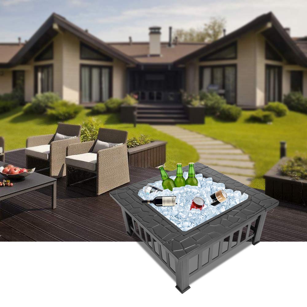 32" Square Metal Wood Burning Fire Pit with Poker and Mesh Lid D588