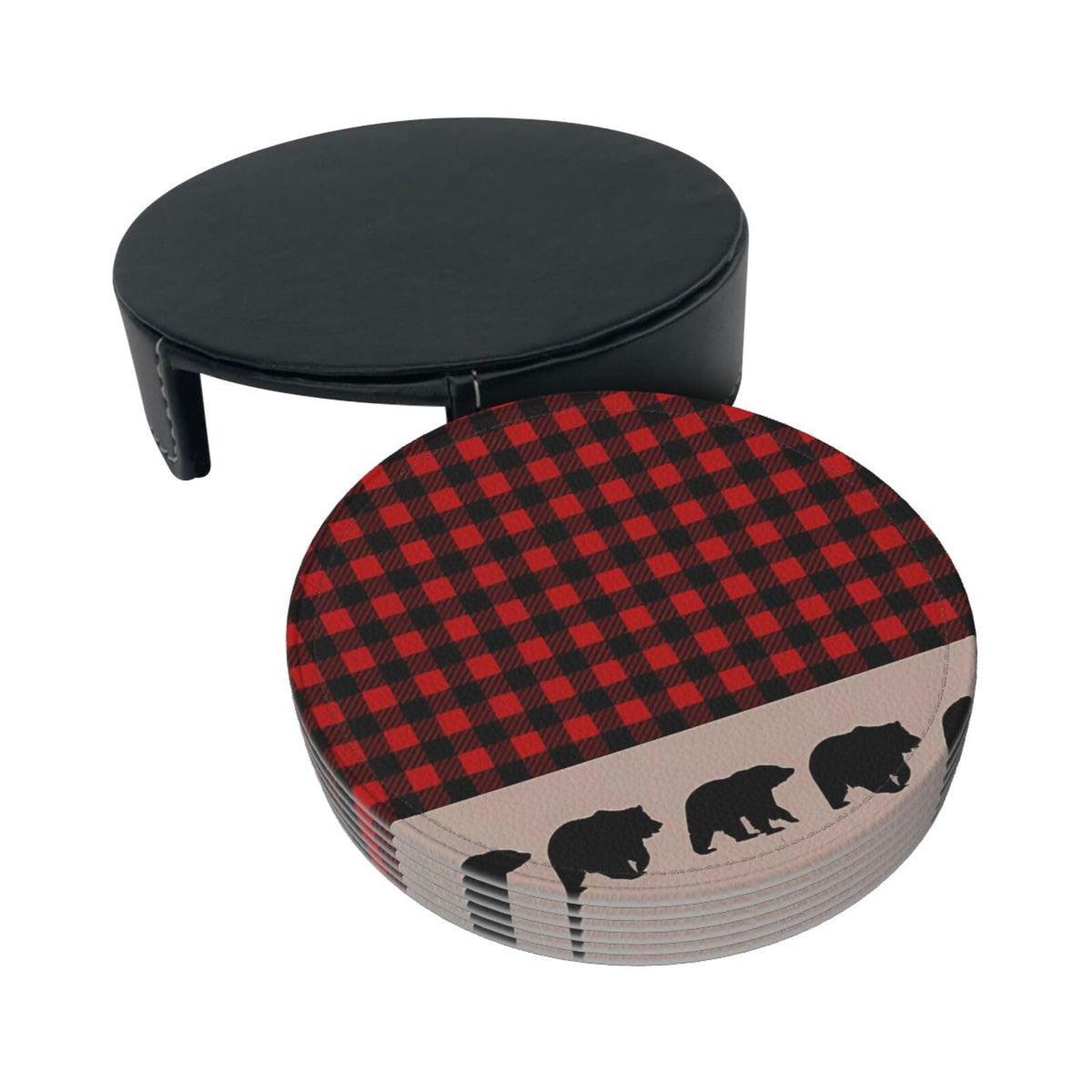 6 Pcs Plaid Leather Coasters with Holder W151