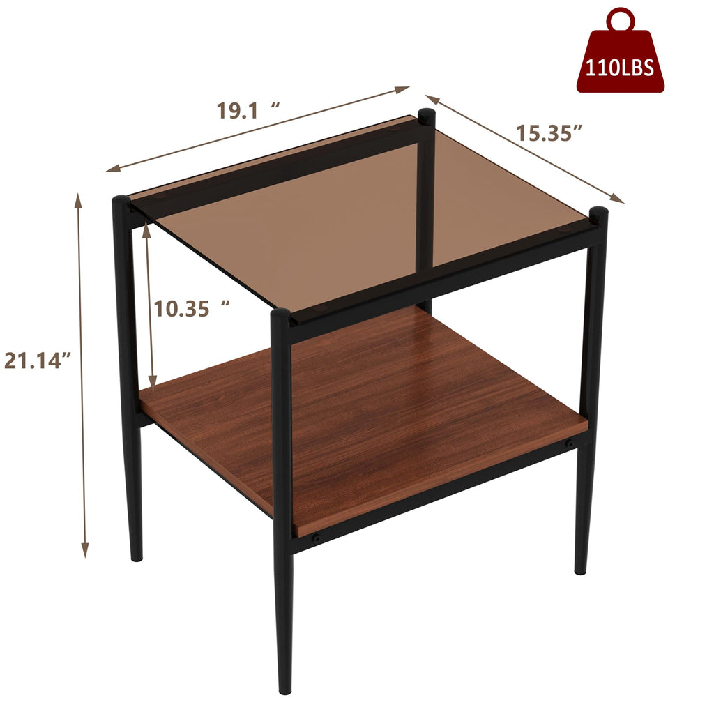 Glass End Table Set of 2 Brown Tempered Glass Black Iron Leg C18513