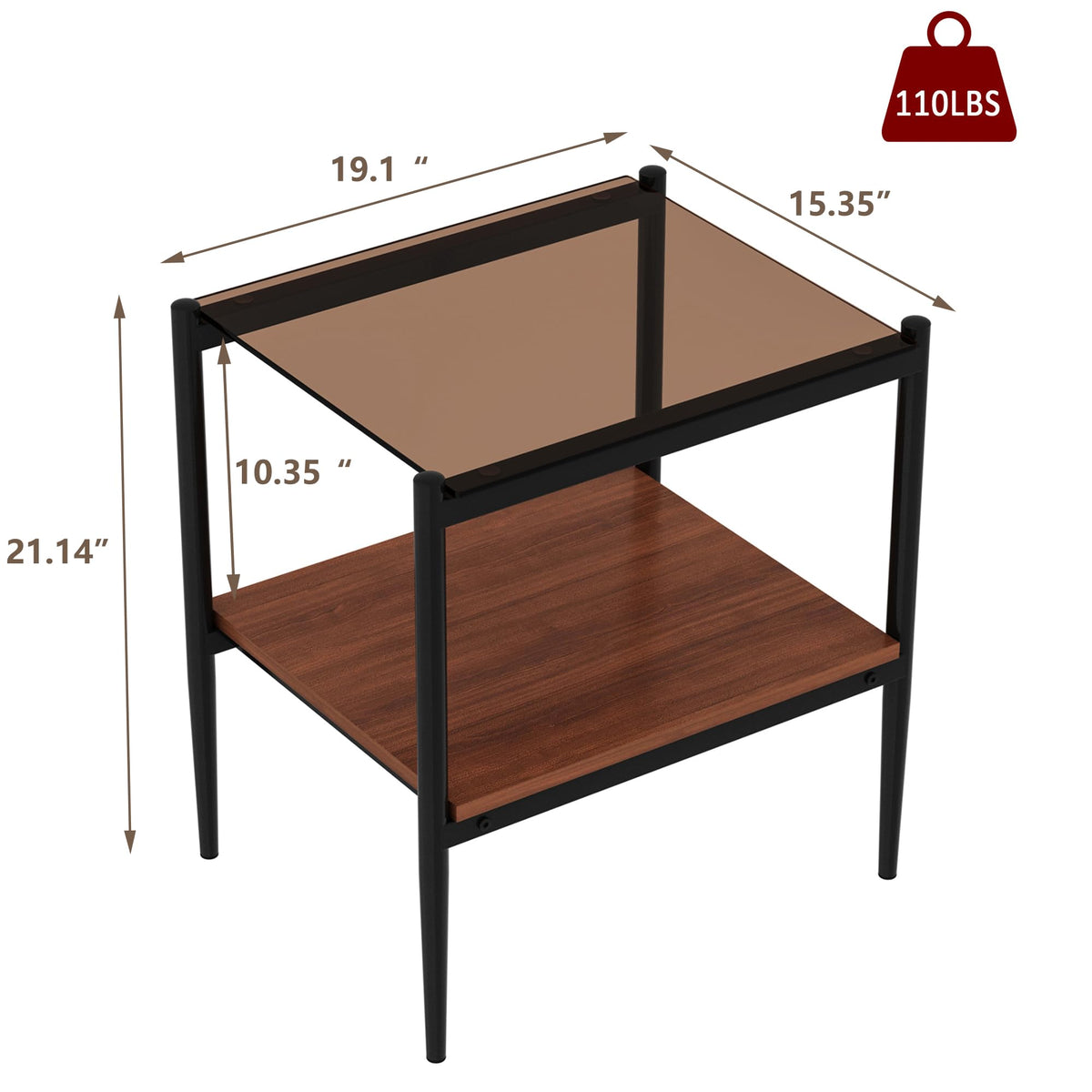 Glass End Table Set of 2 Brown Tempered Glass Black Iron Leg C18513