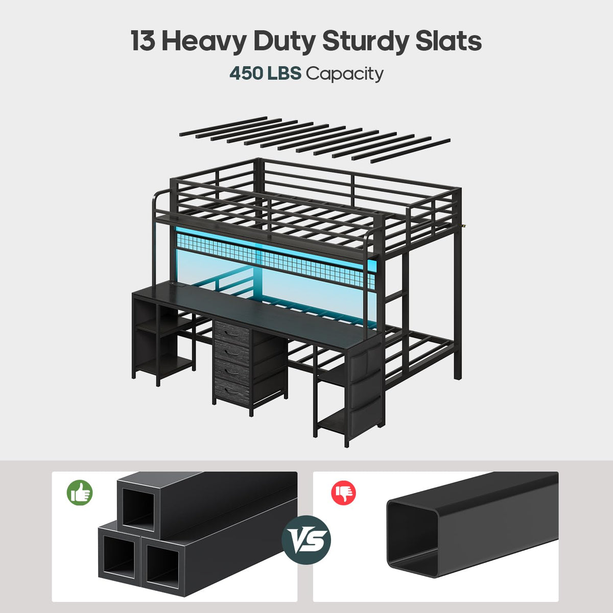 Twin Over Twin Bunk Bed with Desk and LED Lights V414773