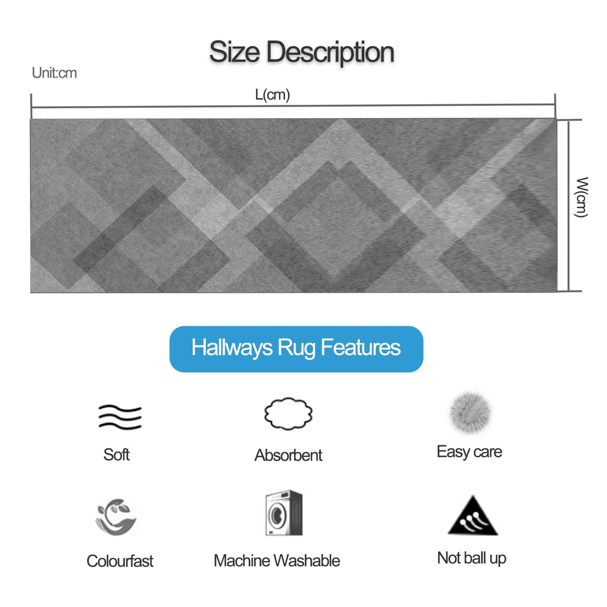 Non Slip Washable Low-Pile Runner Rug 60x300cm T90594