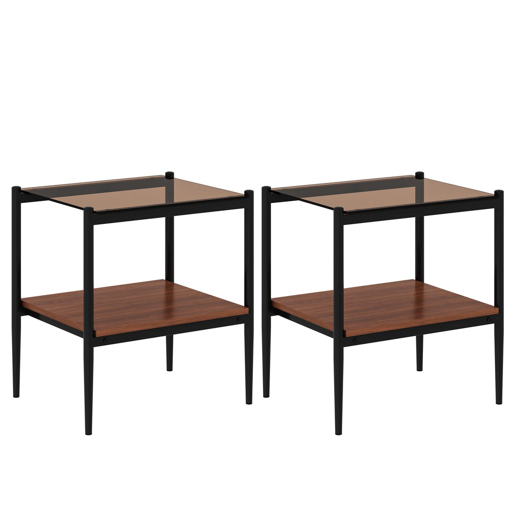 Glass End Table Set of 2 Brown Tempered Glass Black Iron Leg C18513