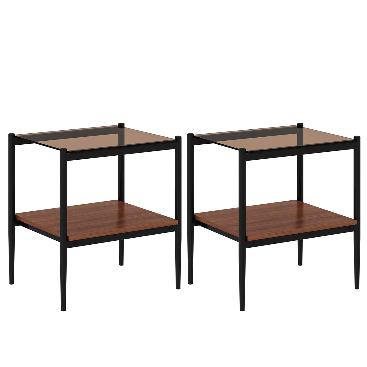Glass End Table Set of 2 Brown Tempered Glass Black Iron Leg C18513