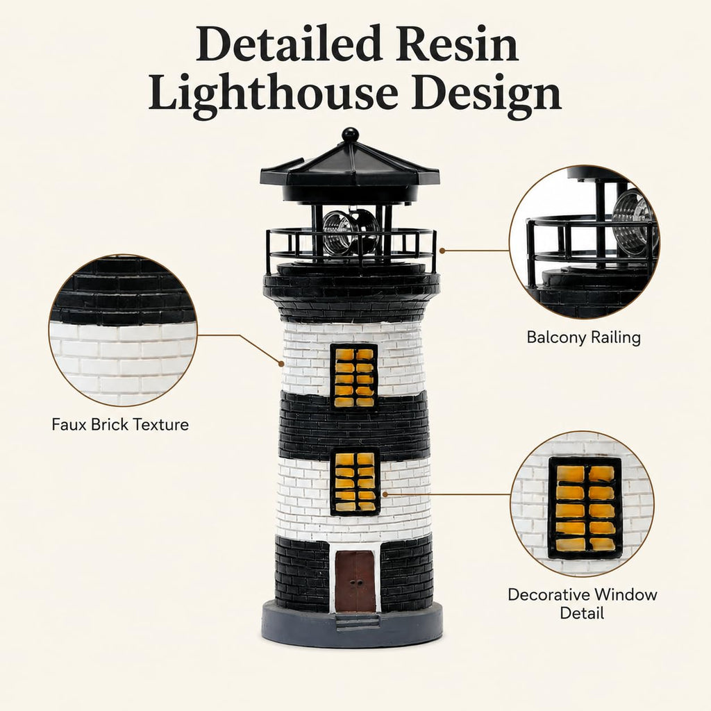 Solar Lighthouse Garden Light, Resin Outdoor Lighthouse Ornament with Rotating LED Beacon H6940