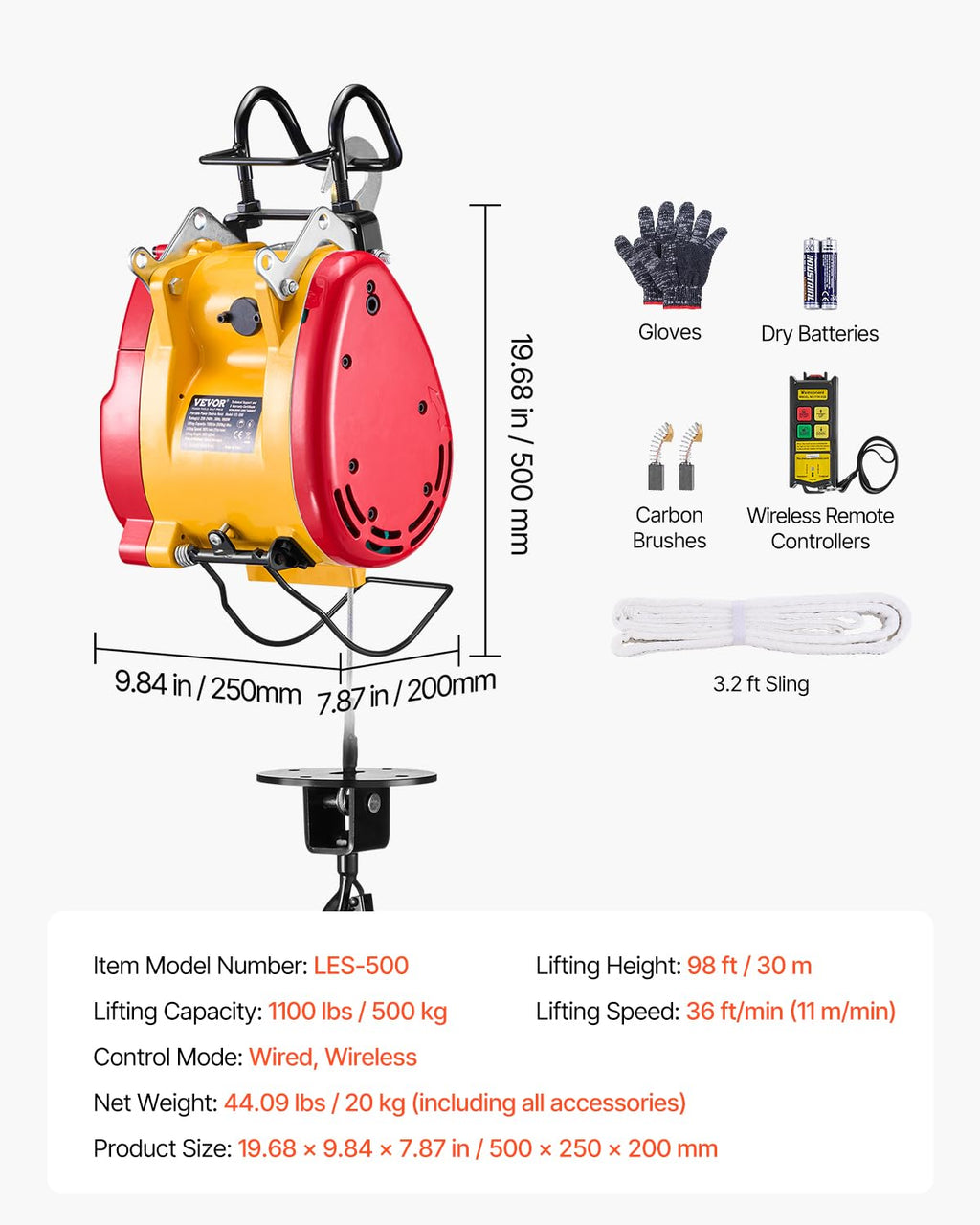 1100 lbs 1800W Portable Electric Hoist Winch with Wireless Remote Control O492056