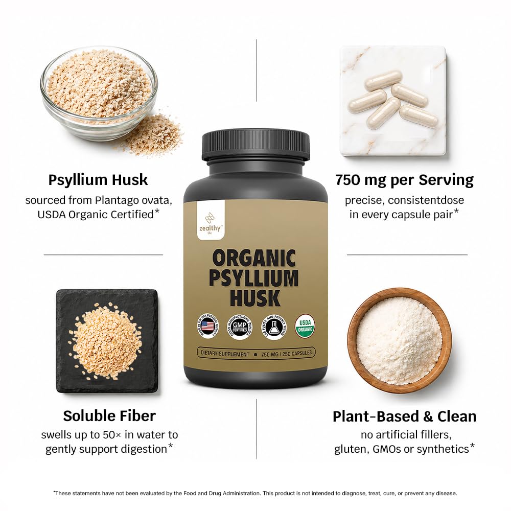 Organic Psyllium Husk Capsules 750 mg Fiber Supplement 250 Capsules Pack of 2 I293